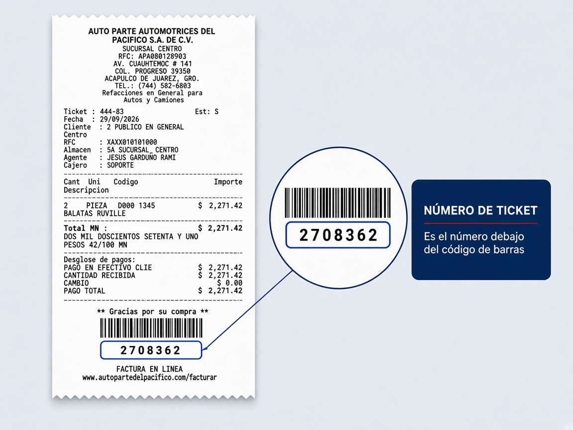 El numero de ticket esta debajo del codigo de barras
